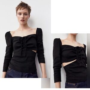 Zara black cut-out puff long sleeve drawstring sweetheart top blouse M NWOT